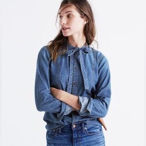 MADEWELL Denim Tie-Neck Shirt Button Up Top XXS